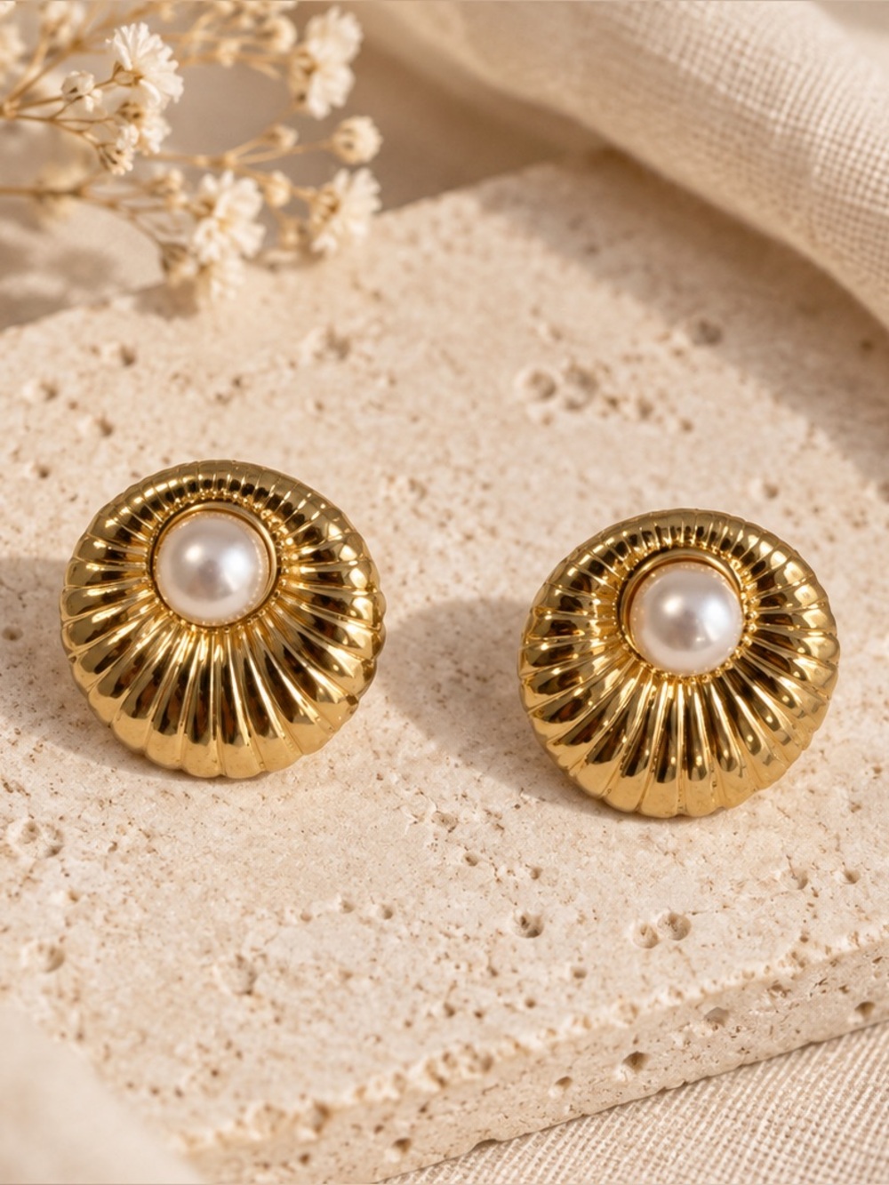 Vintage Style Gold Sunburst Pearl Stud Earrings
- Stainless Steel